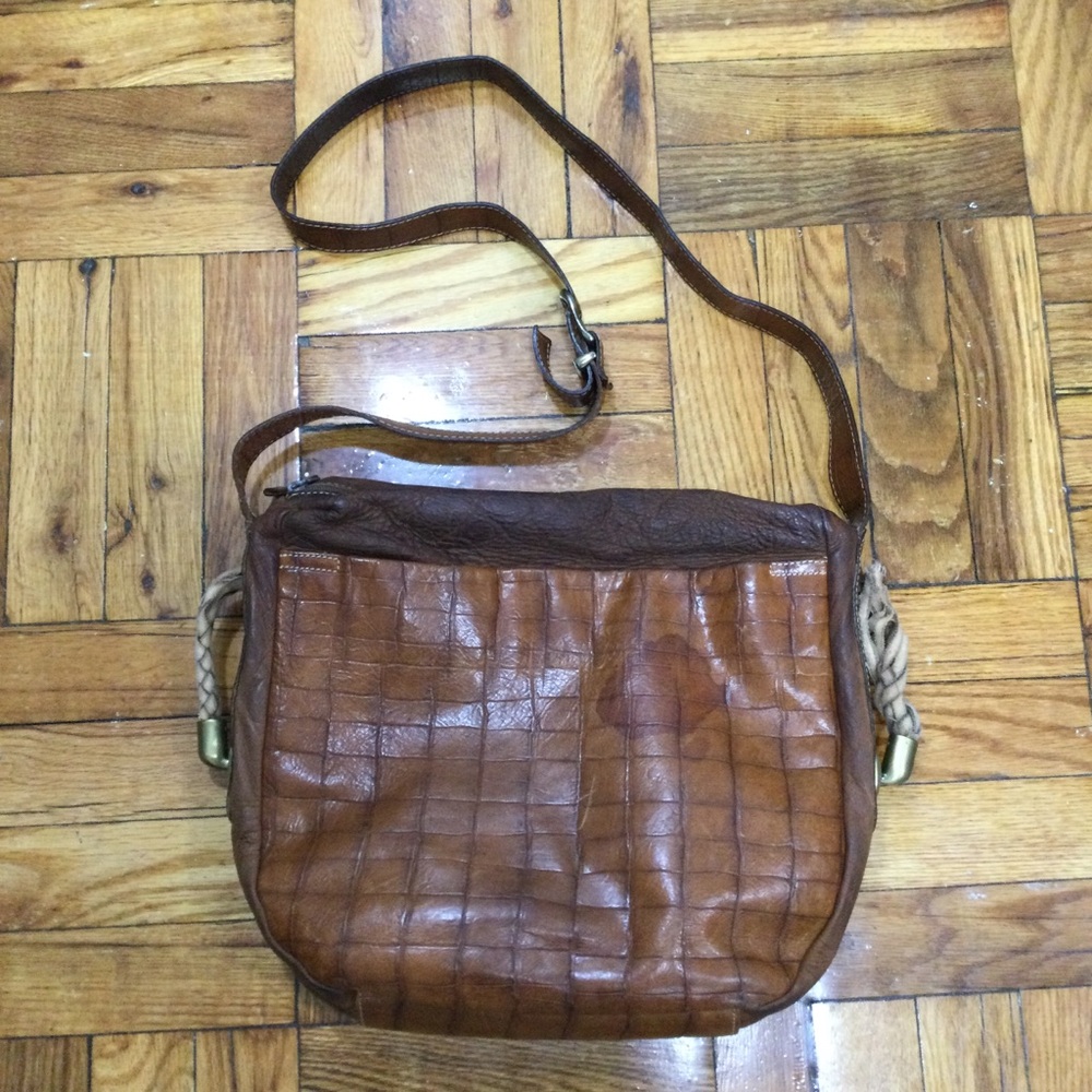 Francesco Biasia Vintage Leather Crossbody Messenger Bag Cognac Brown Distressed